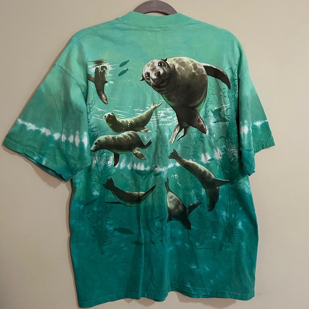 Vintage 90’s Liquid Blue Tie Dye Seals Marine Print T-Shirt Men’s Size L / XL - Picture 7 of 9